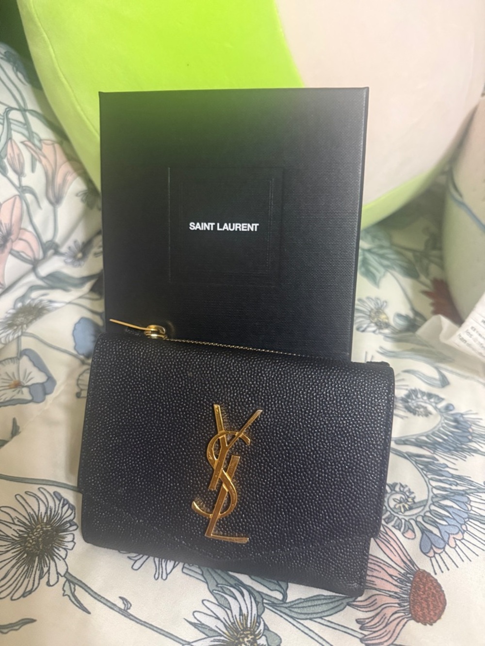 Saint Laurent Black Pebbled Leather Wallet with Gold YSL Logo